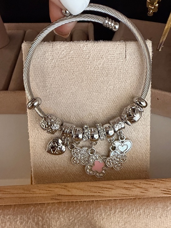 Jewelry - Silver Charm Bangle Bracelet with Pink Flower Accent